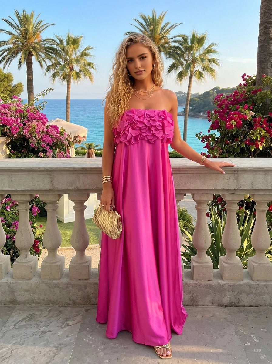 Vedress bright fuchsia satin strapless maxi wedding‑guest gown with handmade 3D flower bust front view