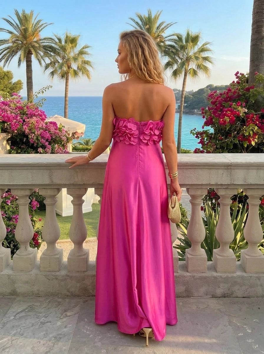 Vedress open‑back strapless fuchsia long satin 3D floral top wedding guest dress back view