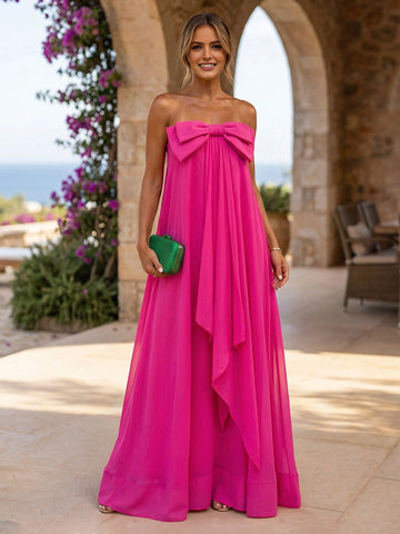 Vedress bright fuchsia strapless chiffon maxi wedding‑guest dress with big front bow decoration front view