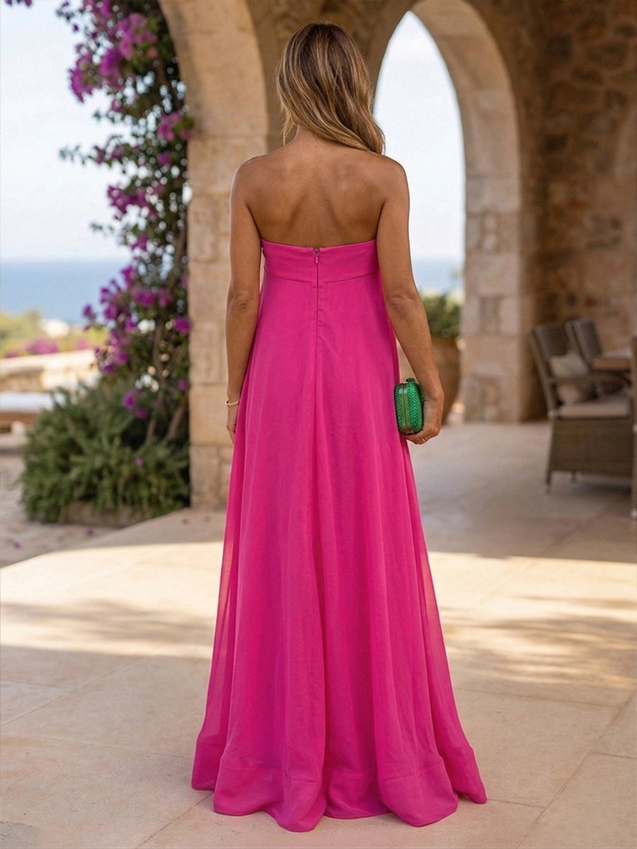 Vedress back‑zipper strapless fuchsia flowy chiffon long wedding guest gown back view