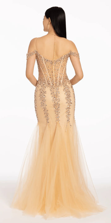 Elegant Mermaid Gown Off-The-Shoulder Sheer Back Tulle Floor-Length Formal Prom Dress