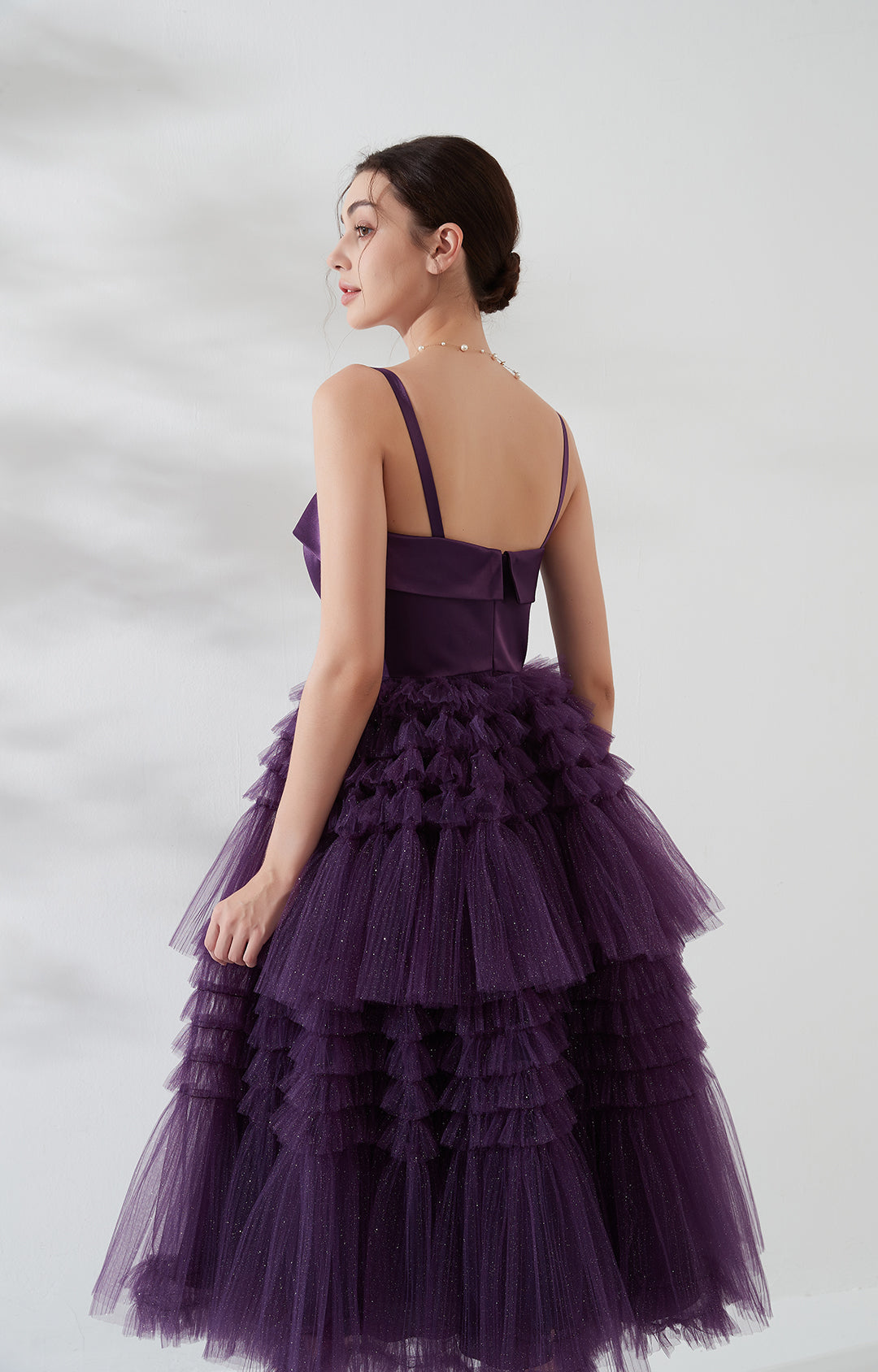 Elegant Spaghetti Strap Ruffle Satin Mesh Cocktail Party Dresses Wedding Events Mid-Calf Cake Dresses