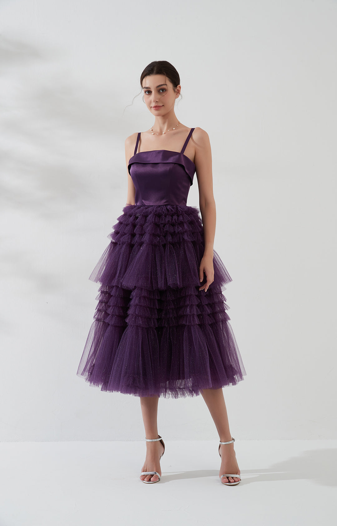 Elegant Spaghetti Strap Ruffle Satin Mesh Cocktail Party Dresses Wedding Events Mid-Calf Cake Dresses