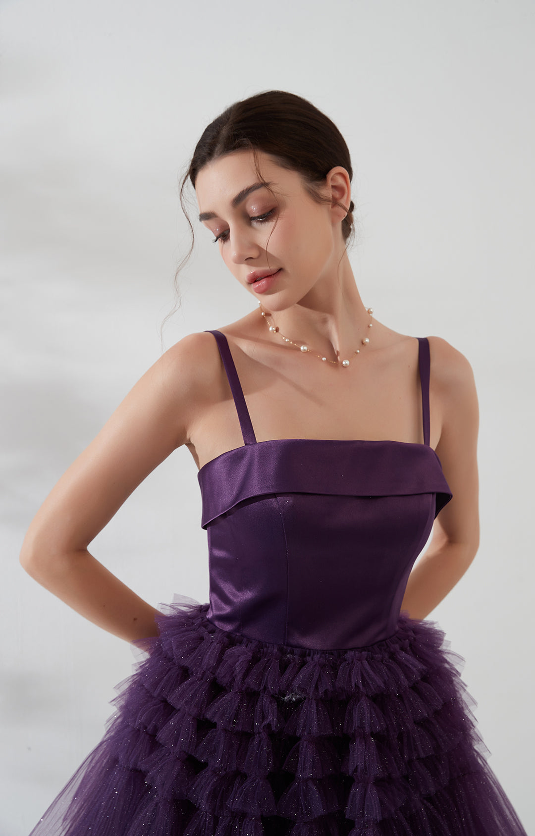 Elegant Spaghetti Strap Ruffle Satin Mesh Cocktail Party Dresses Wedding Events Mid-Calf Cake Dresses