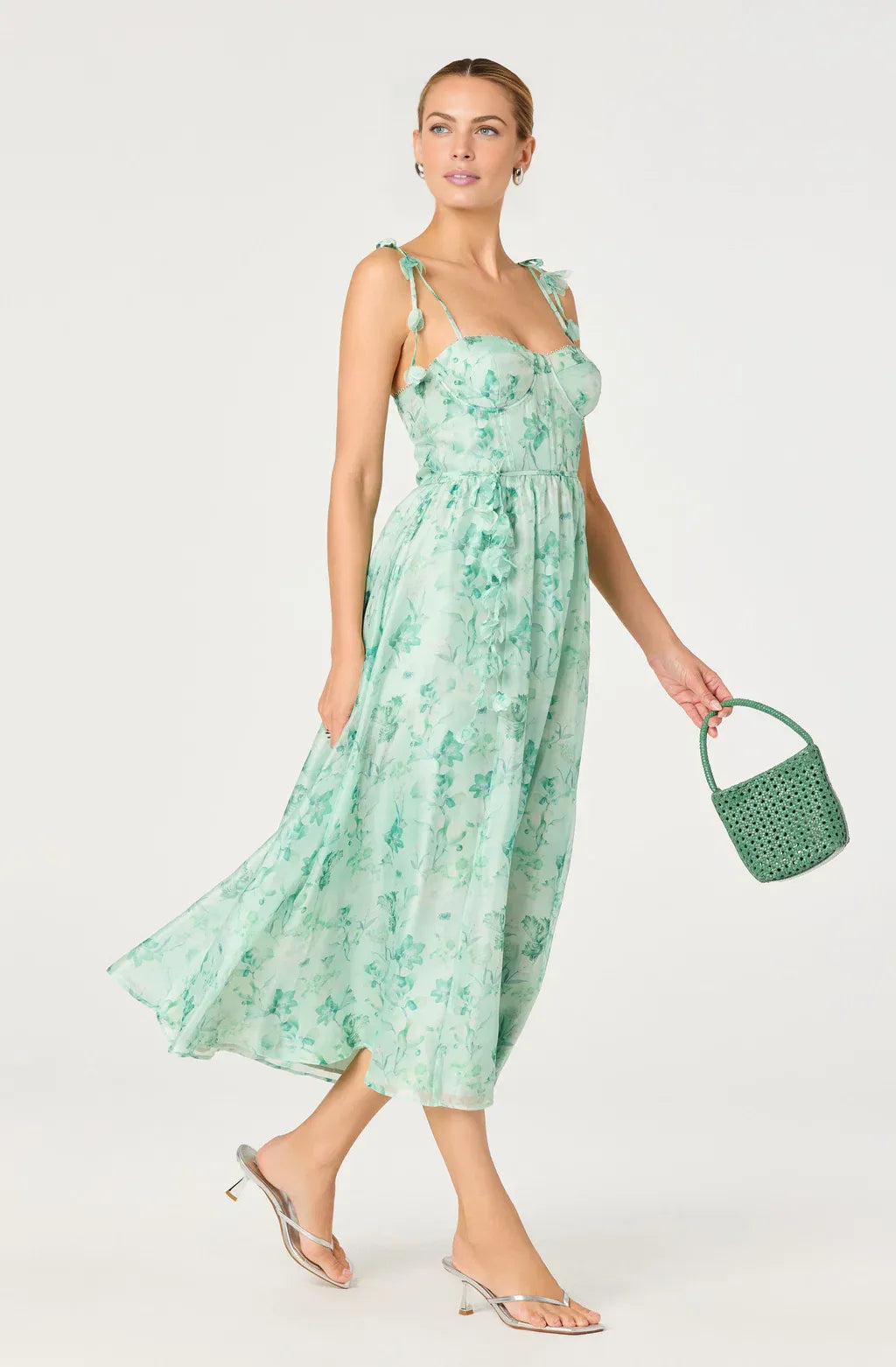 Romantic A Line Sweetheart Organza Midi Floral Casual Dress