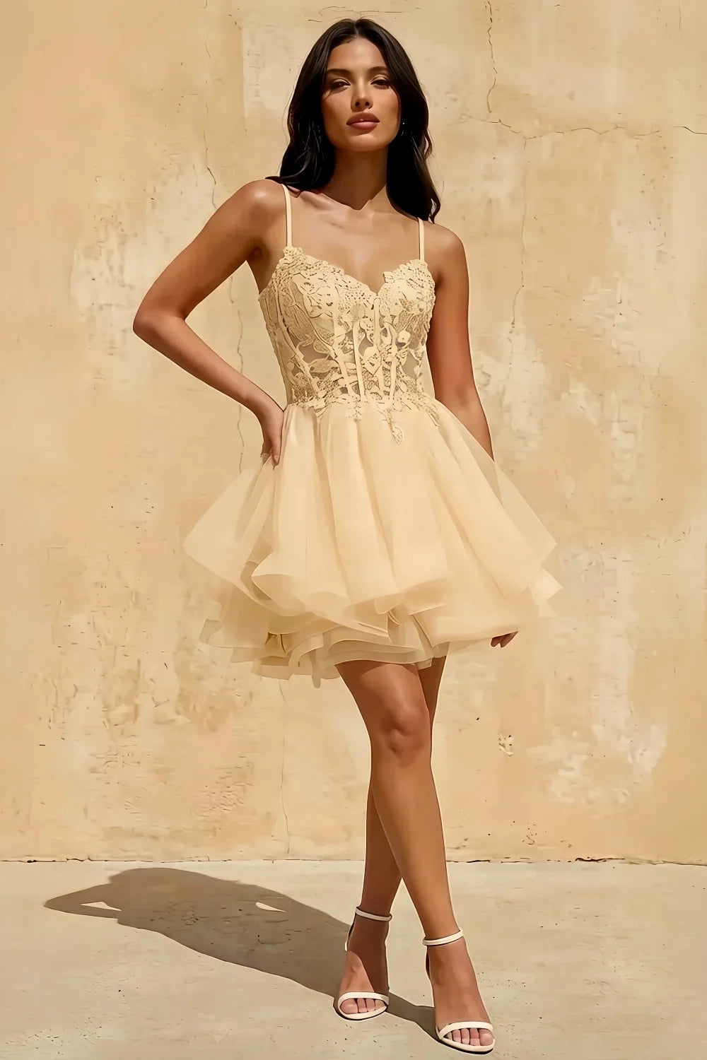 Lace A‑Line V‑Neck Spaghetti‑Strap V‑Back Mini Homecoming Dress