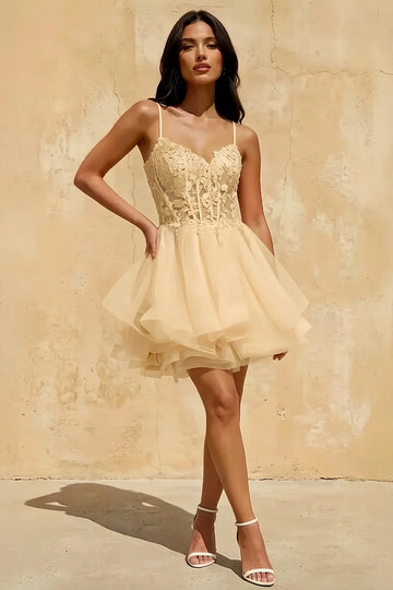 Lace A‑Line V‑Neck Spaghetti‑Strap V‑Back Mini Homecoming Dress