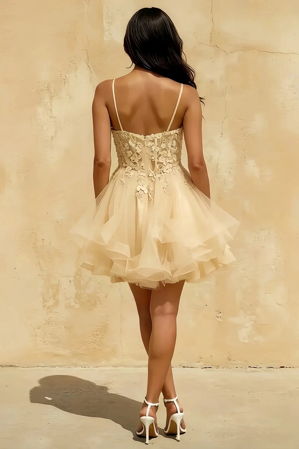 Lace A‑Line V‑Neck Spaghetti‑Strap V‑Back Mini Homecoming Dress