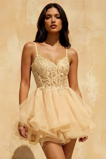 Lace A‑Line V‑Neck Spaghetti‑Strap V‑Back Mini Homecoming Dress