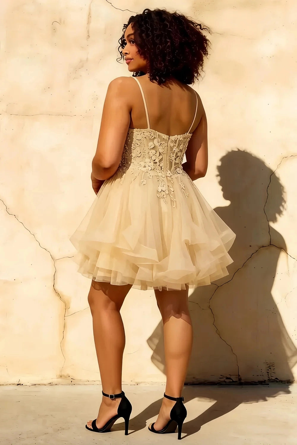 Lace A‑Line V‑Neck Spaghetti‑Strap V‑Back Mini Homecoming Dress