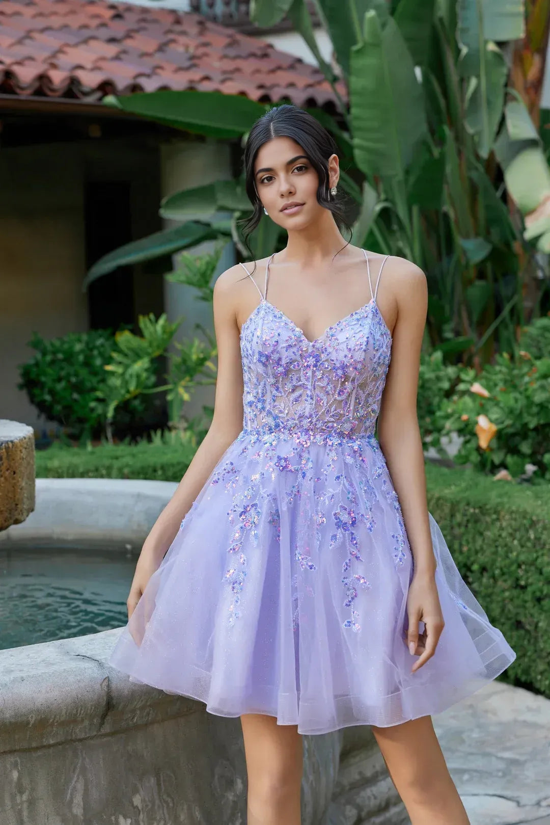 Glam A-Line Sweetheart SpaghettiStrap V Neck Tulle Mini Beaded Homecoming Dress