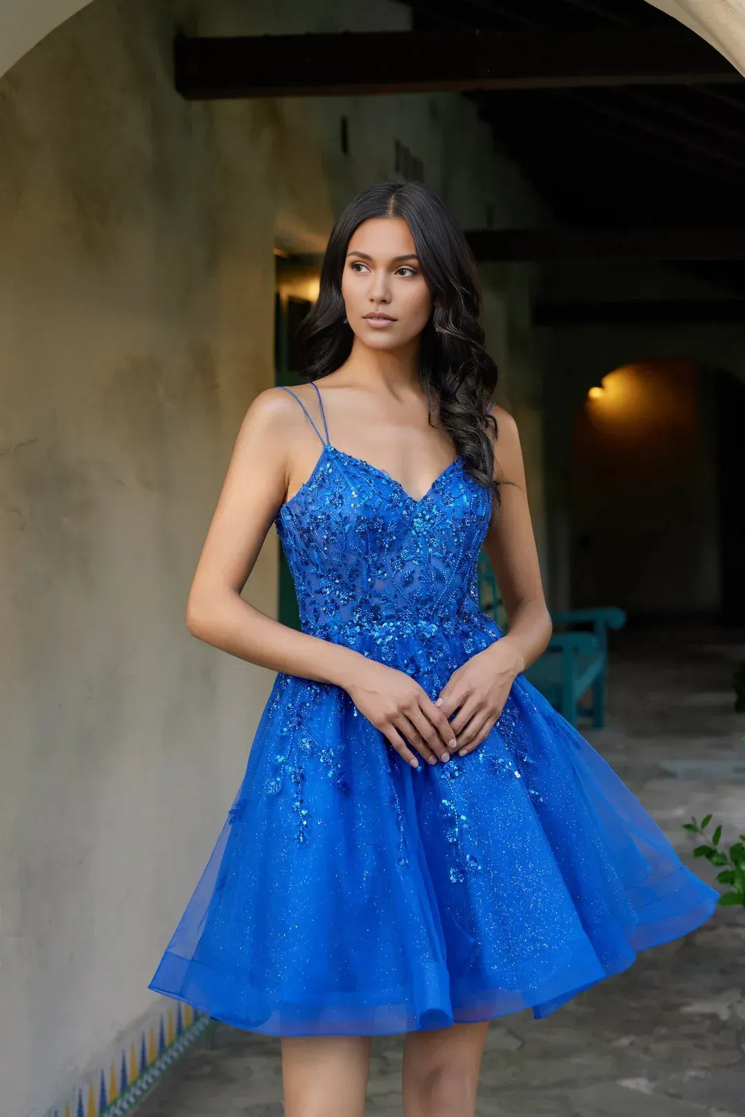 Glam A-Line Sweetheart SpaghettiStrap V Neck Tulle Mini Beaded Homecoming Dress