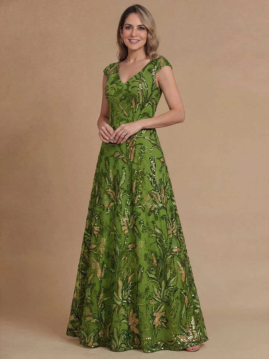 Vedress Green Sequin Floral V‑Neck Cap Sleeve Mother Of The Bride Dress Front View