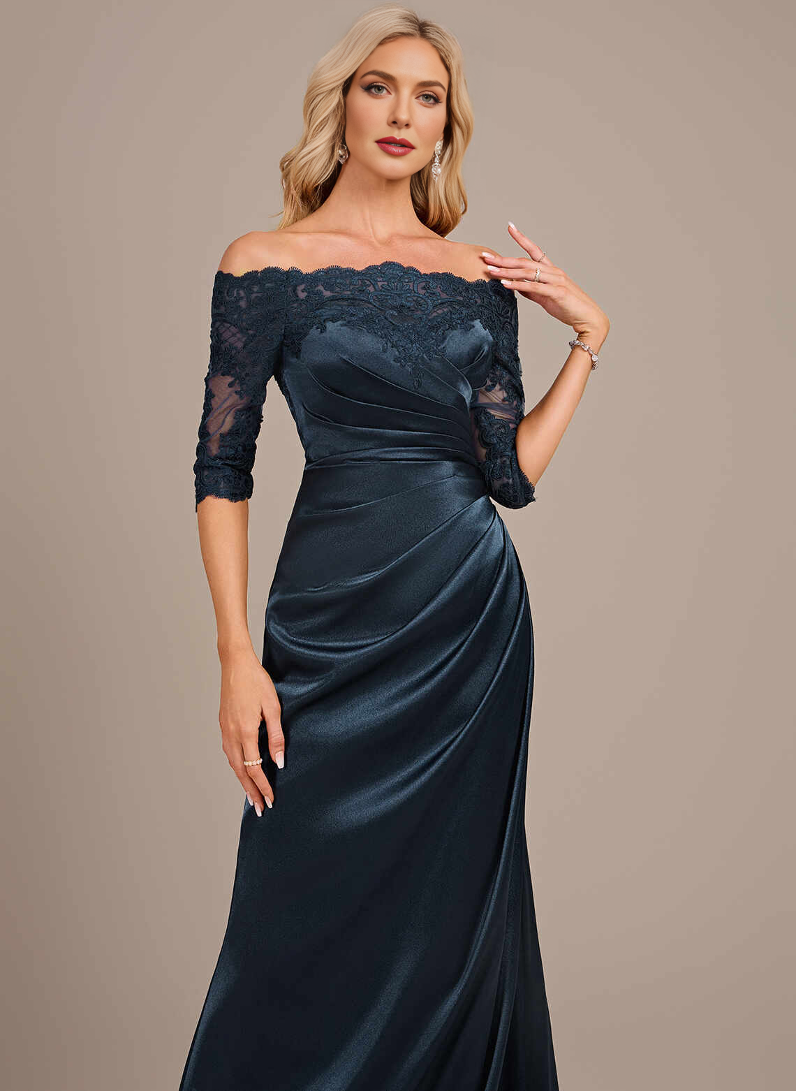 Vedress Navy Off‑Shoulder Lace Satin Mermaid Mother Dress Front View