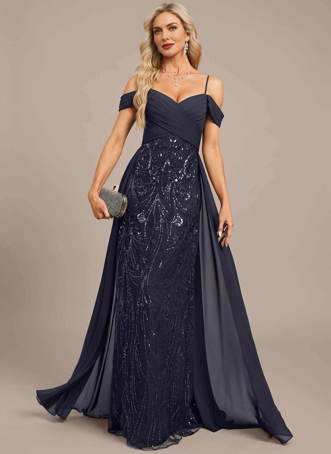 Vedress Navy Off‑Shoulder Sequin Mermaid Mother Dress Front View