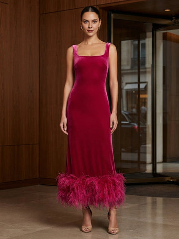 vedress magenta velvet plus size prom dress square neck sleeveless mermaid midi gown with feather hem