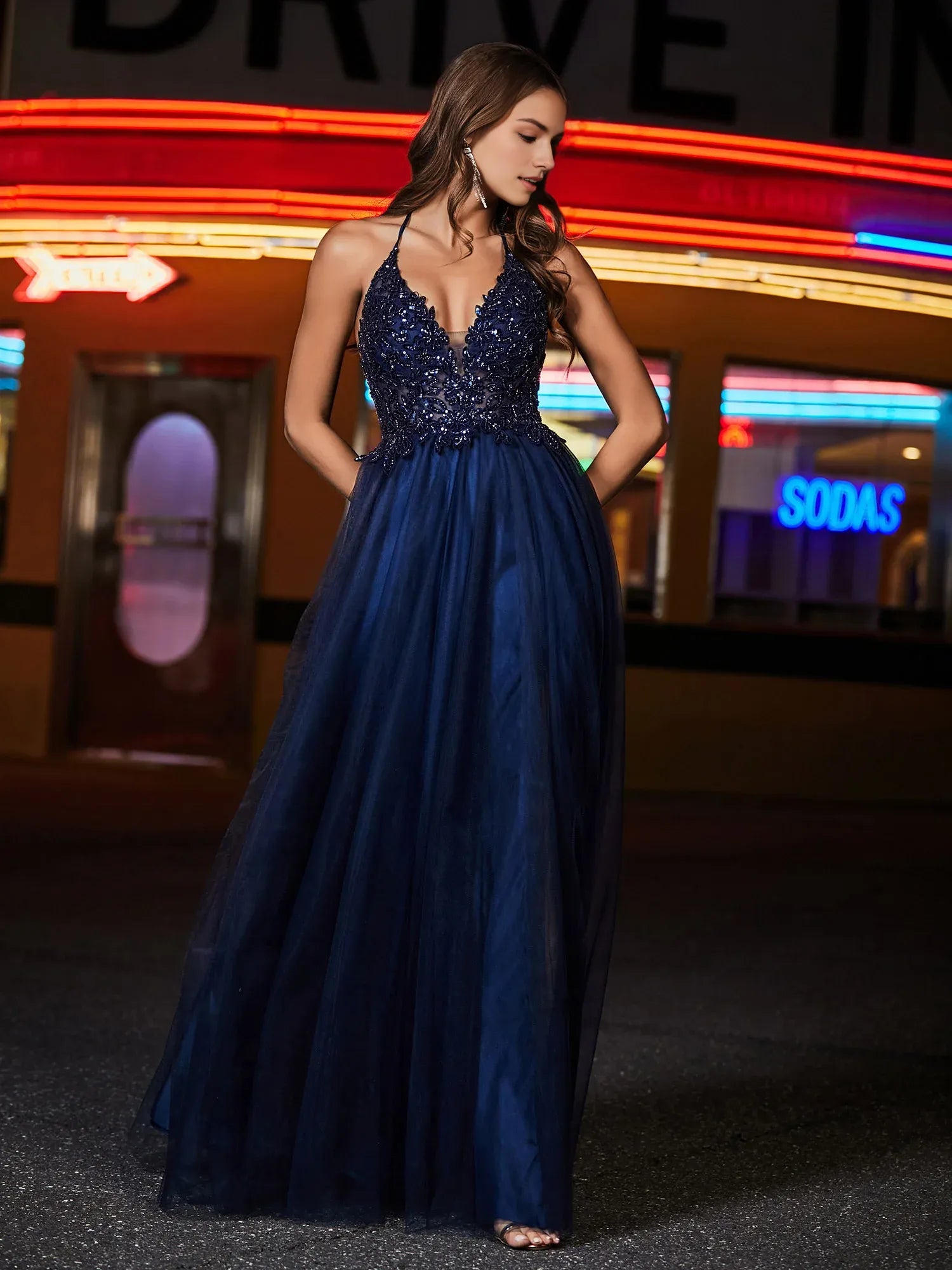 Glamorous A-Line Halter Neck Sleeveless Tulle Beaded Slit Formal Prom Dress With Hight Slit