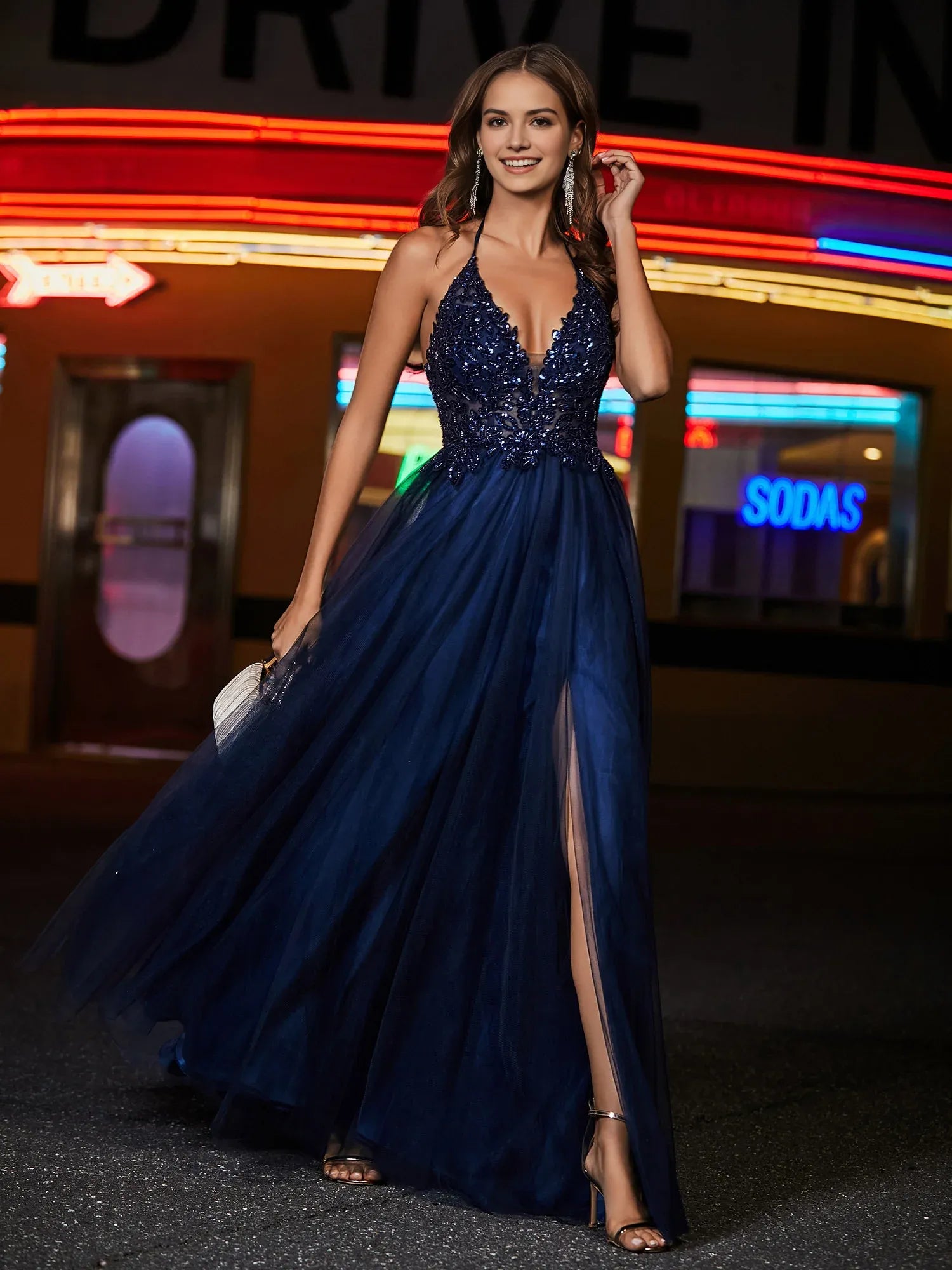 Glamorous A-Line Halter Neck Sleeveless Tulle Beaded Slit Formal Prom Dress With Hight Slit