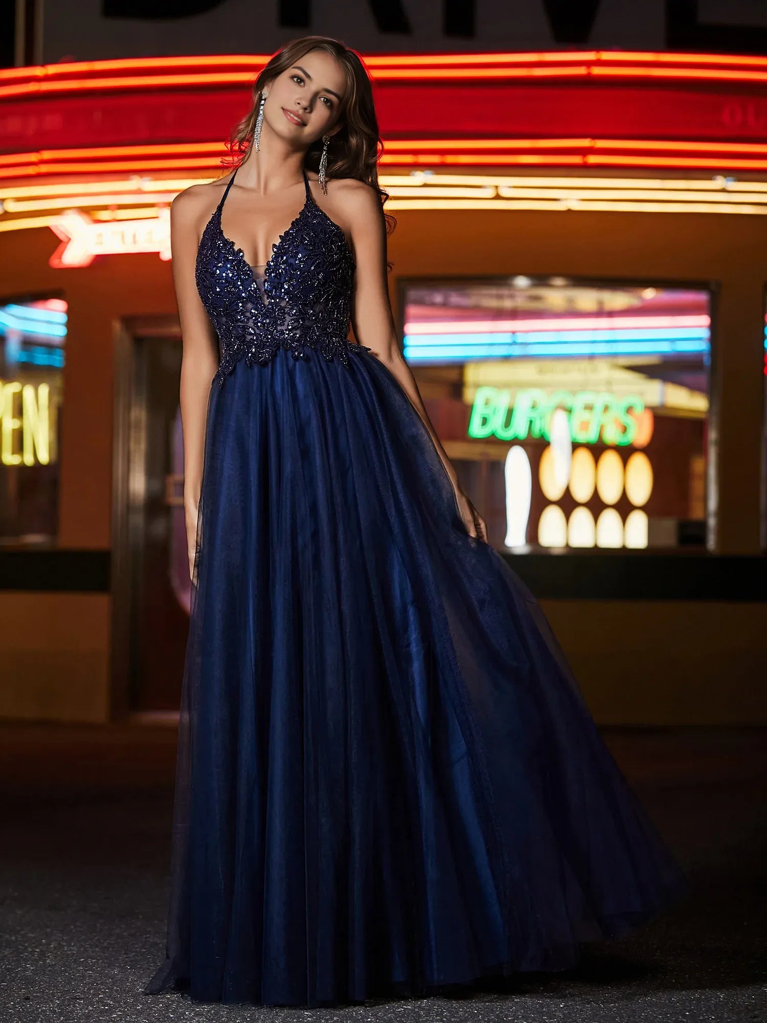 Glamorous A-Line Halter Neck Sleeveless Tulle Beaded Slit Formal Prom Dress With Hight Slit