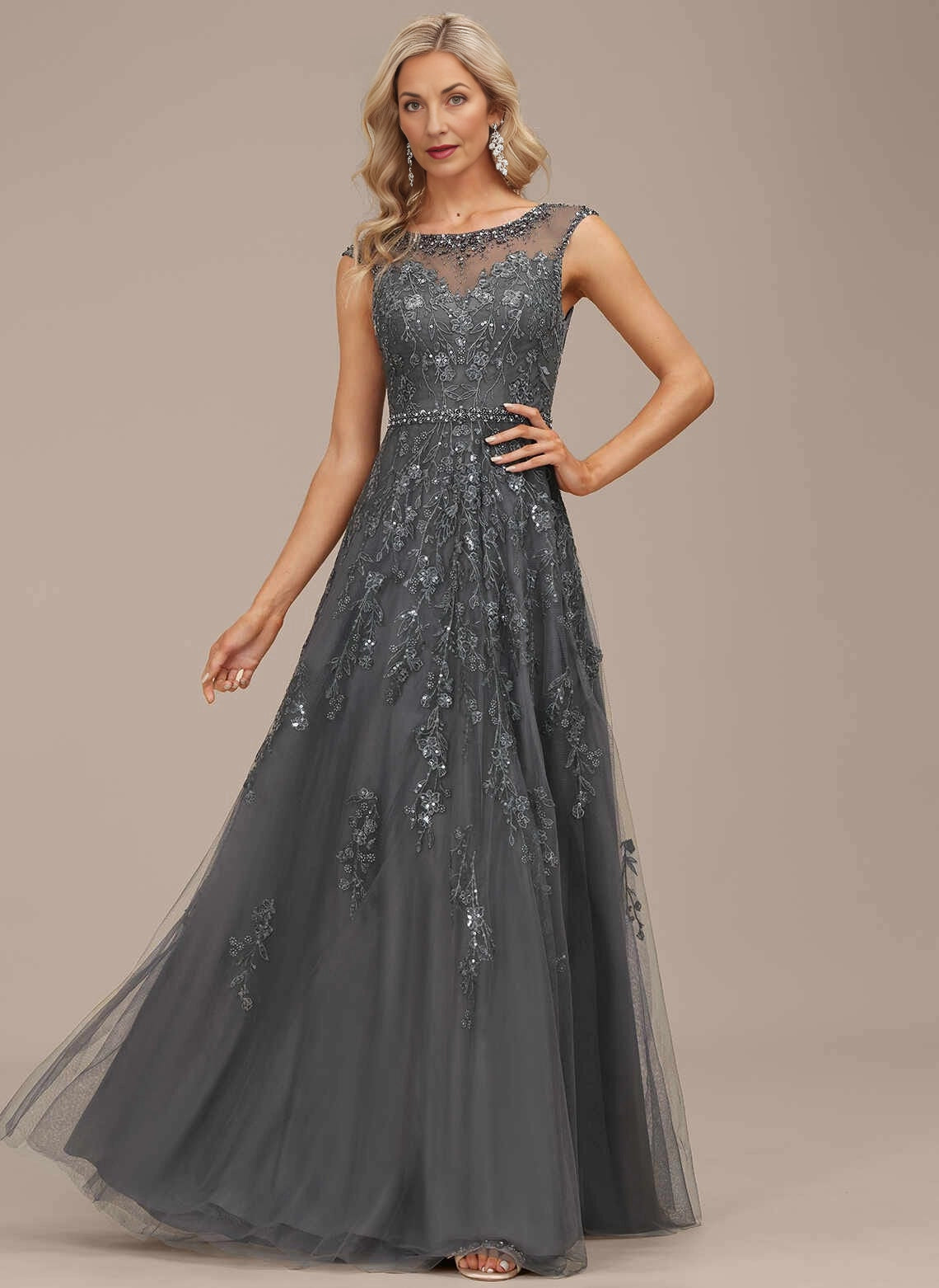 Vedress Dusty Gray Sleeveless Beaded Tulle Mother Dress Front View