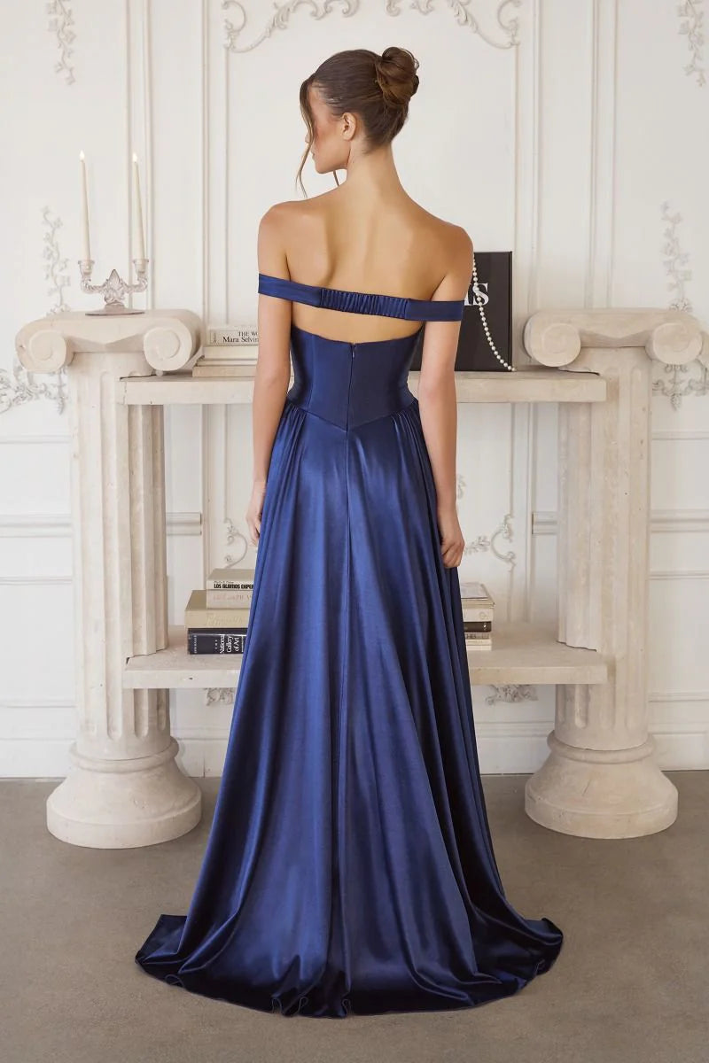 Glamorous A-Line Off-Shoulder Sleeveless Satin Maxi Pleated Corset Bodice Prom Gown