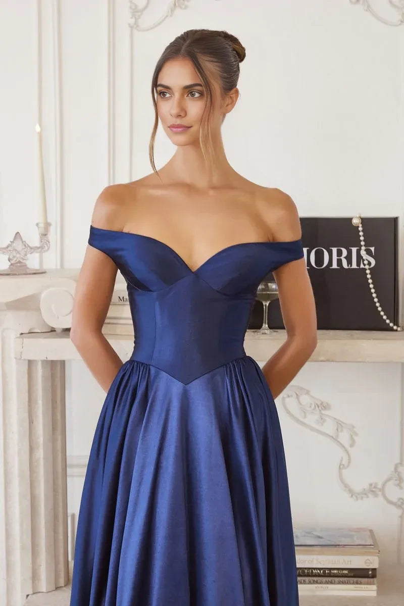 Glamorous A-Line Off-Shoulder Sleeveless Satin Maxi Pleated Corset Bodice Prom Gown