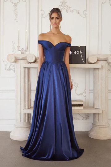 Glamorous A-Line Off-Shoulder Sleeveless Satin Maxi Pleated Corset Bodice Prom Gown
