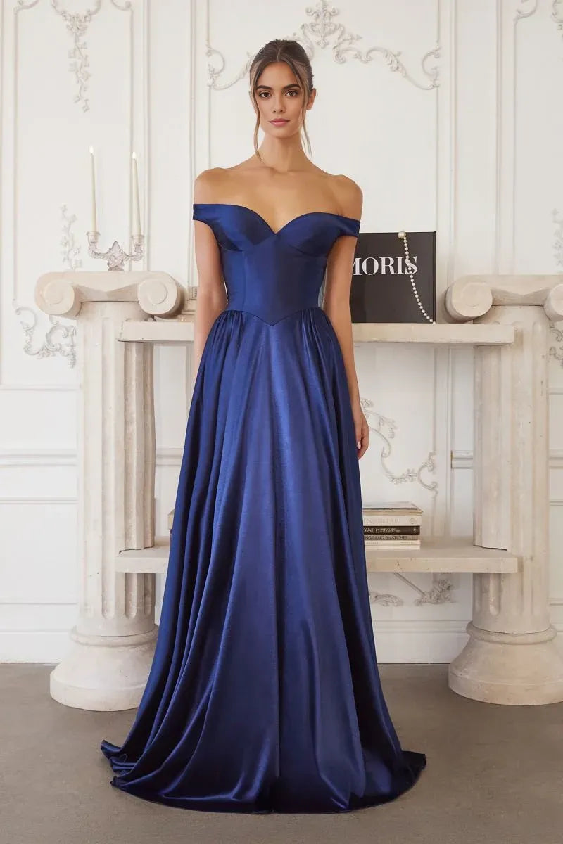Glamorous A-Line Off-Shoulder Sleeveless Satin Maxi Pleated Corset Bodice Prom Gown