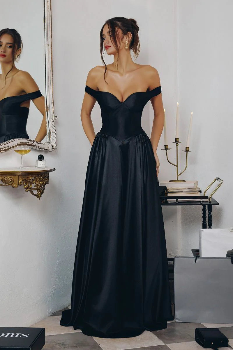 Glamorous A-Line Off-Shoulder Sleeveless Satin Maxi Pleated Corset Bodice Prom Gown