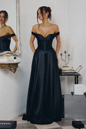Glamorous A-Line Off-Shoulder Sleeveless Satin Maxi Pleated Corset Bodice Prom Gown