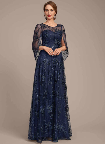 Vedress Navy Blue Cape Sleeve Floral Sequin Lace Mother Dress Front View