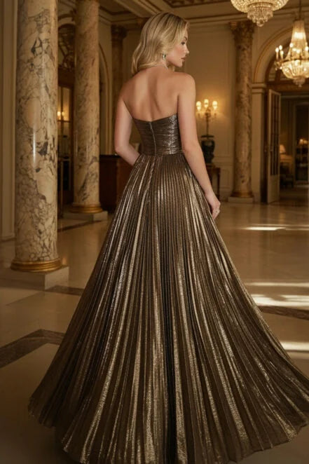 Glamorous A Line Strapless Metallic Floor Length Pleated Evening Maxi Dress