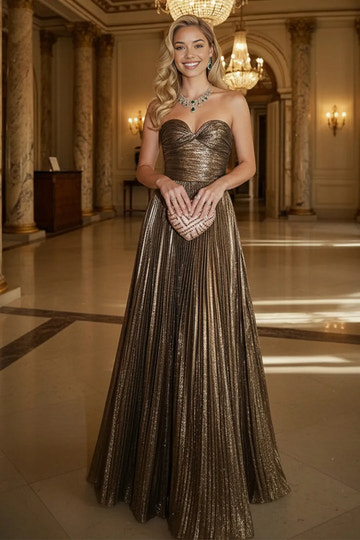 Glamorous A Line Strapless Metallic Floor Length Pleated Evening Maxi Dress