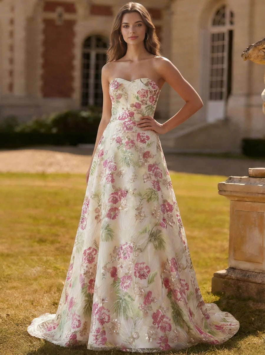 Vestido de fiesta de gala glamuroso con lentejuelas sin tirantes de corte A para invitada de boda