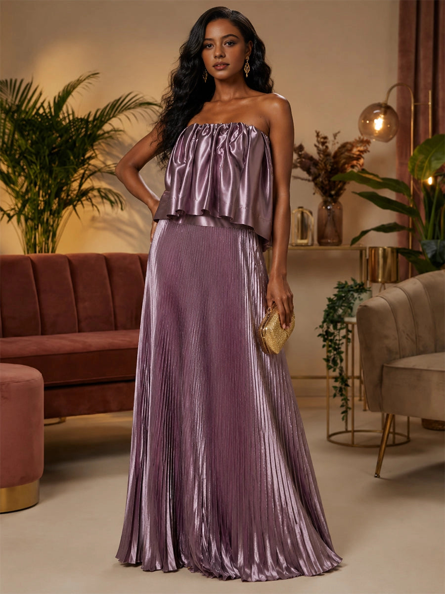 Vedress shiny lavender satin strapless two‑piece pleated long prom dress