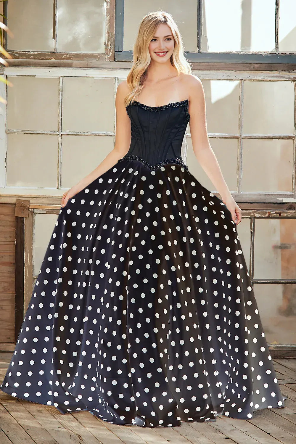 Glamorous A-Line Strapless Sleeveless Satin Floor-Length Beaded Corset Polka-Dot Evening Gown