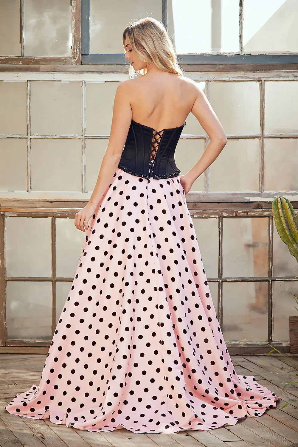 Glamorous A-Line Strapless Sleeveless Satin Floor-Length Beaded Corset Polka-Dot Evening Gown