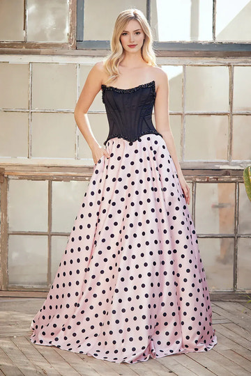 Glamorous A-Line Strapless Sleeveless Satin Floor-Length Beaded Corset Polka-Dot Evening Gown