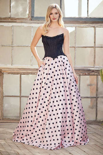 Glamorous A-Line Strapless Sleeveless Satin Floor-Length Beaded Corset Polka-Dot Evening Gown