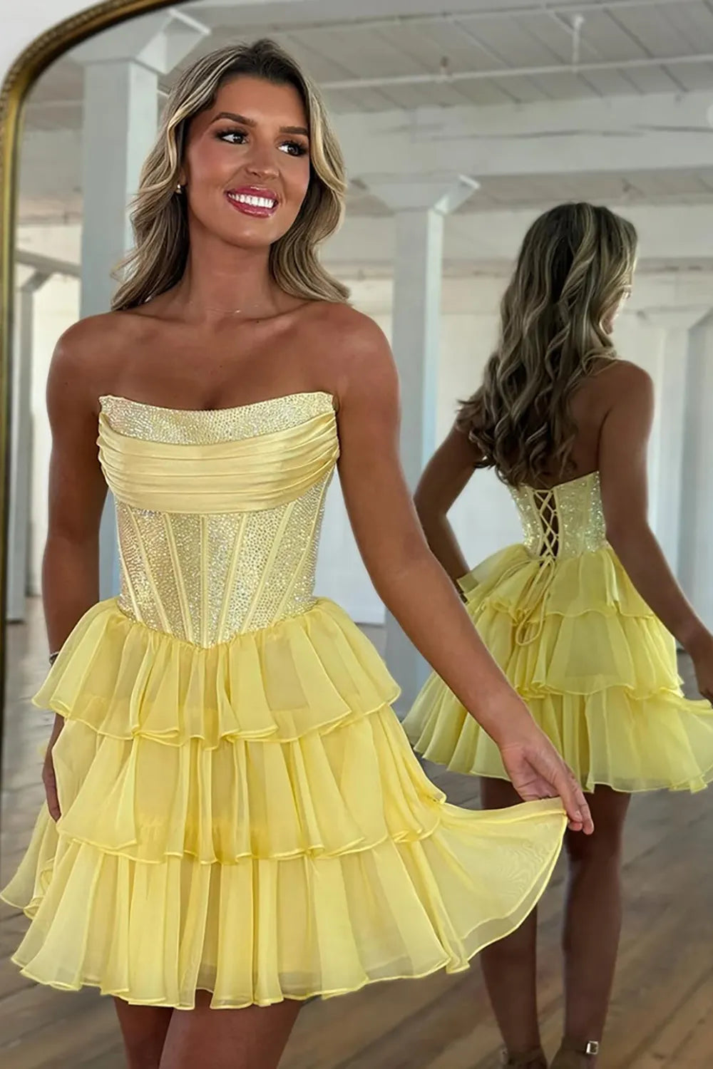 Glamorous A-Line Strapless Sleeveless Sequin Short Tiered Homecoming Dress