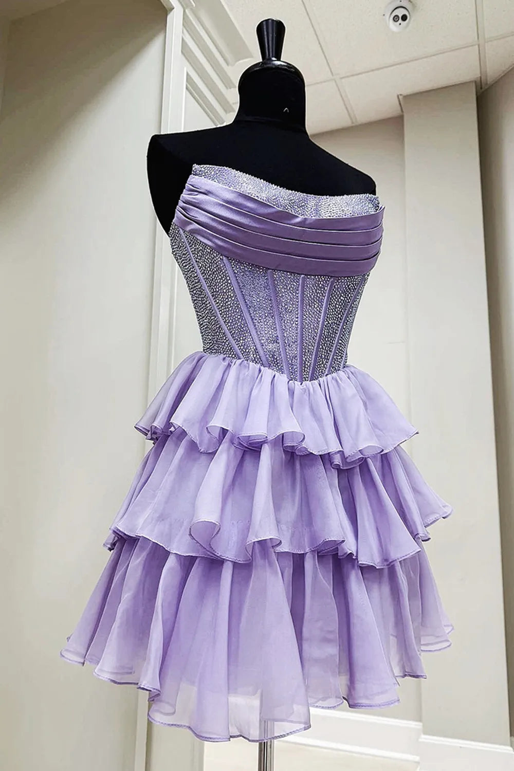 Glamorous A-Line Strapless Sleeveless Sequin Short Tiered Homecoming Dress