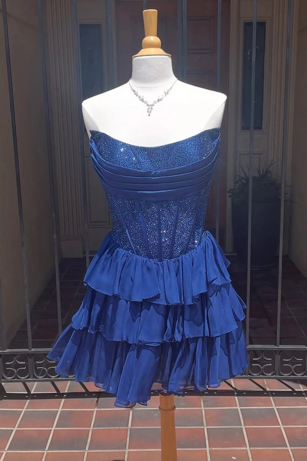 Glamorous A-Line Strapless Sleeveless Sequin Short Tiered Homecoming Dress