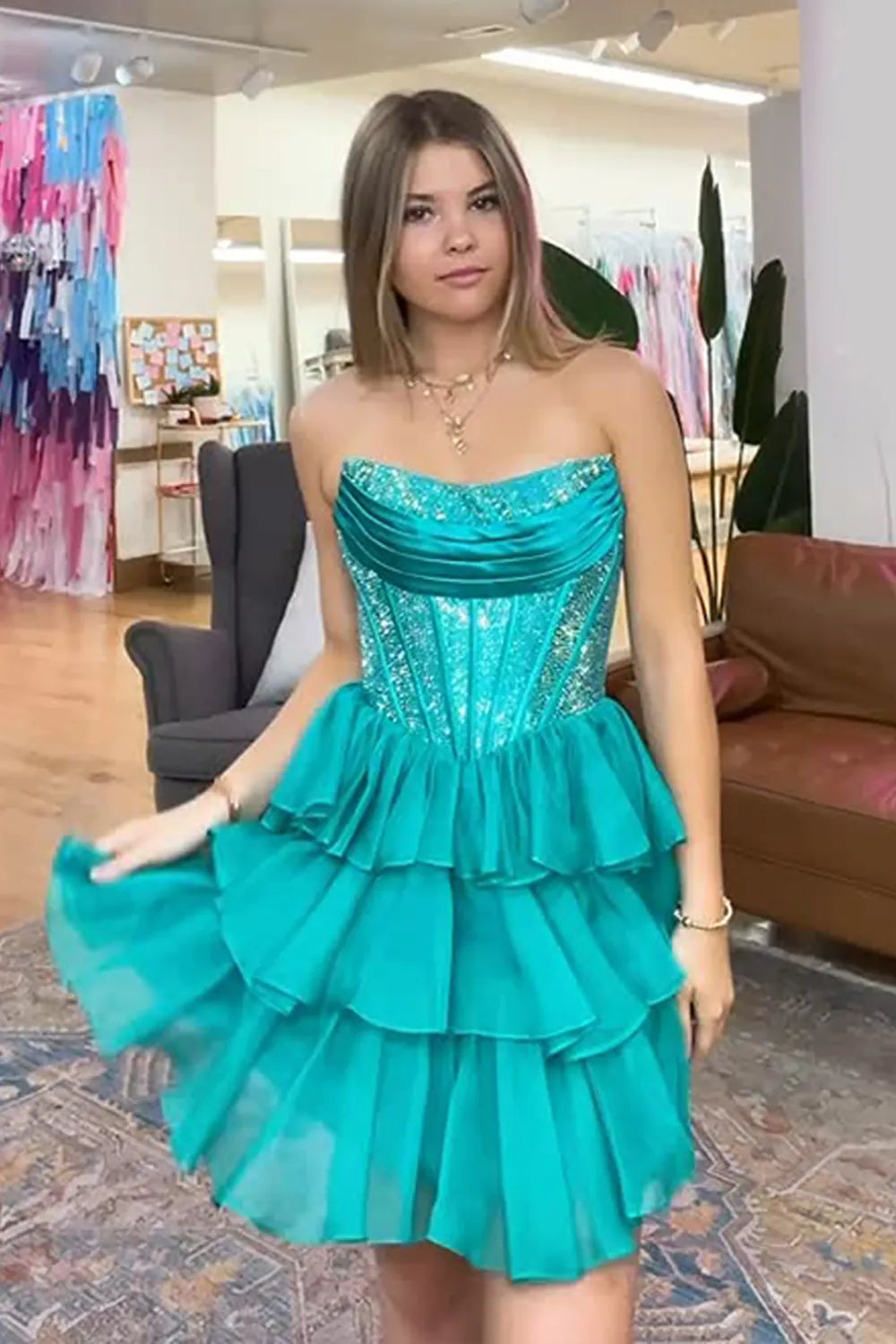 Glamorous A-Line Strapless Sleeveless Sequin Short Tiered Homecoming Dress