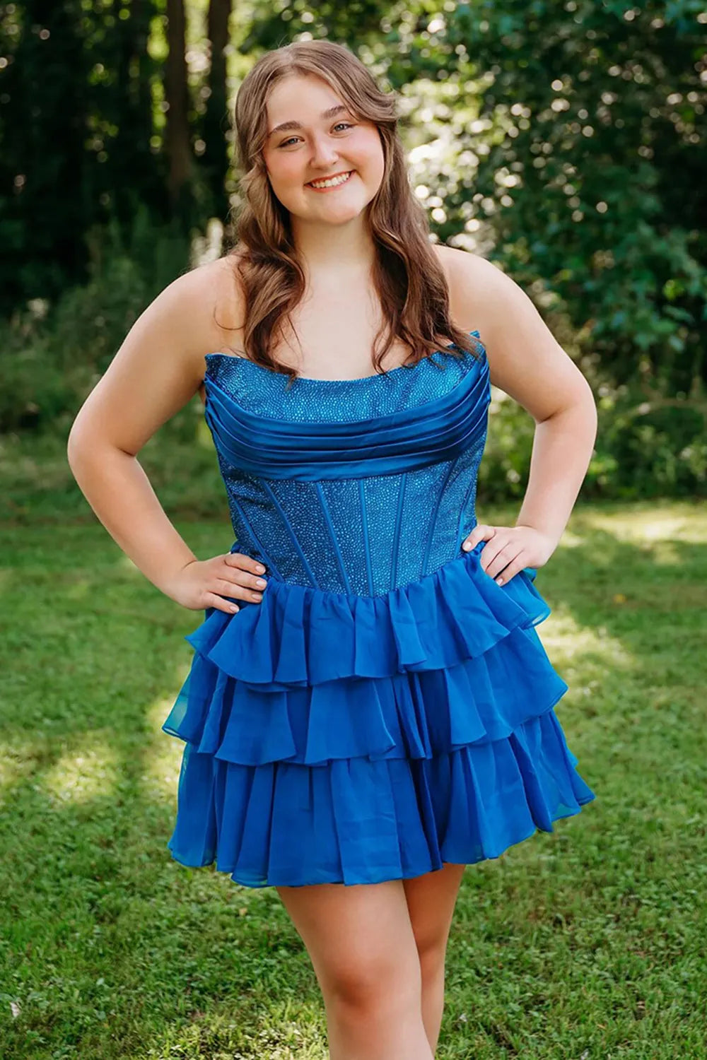 Glamorous A-Line Strapless Sleeveless Sequin Short Tiered Homecoming Dress