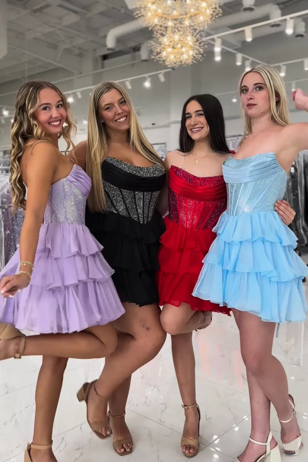 Glamorous A-Line Strapless Sleeveless Sequin Short Tiered Homecoming Dress