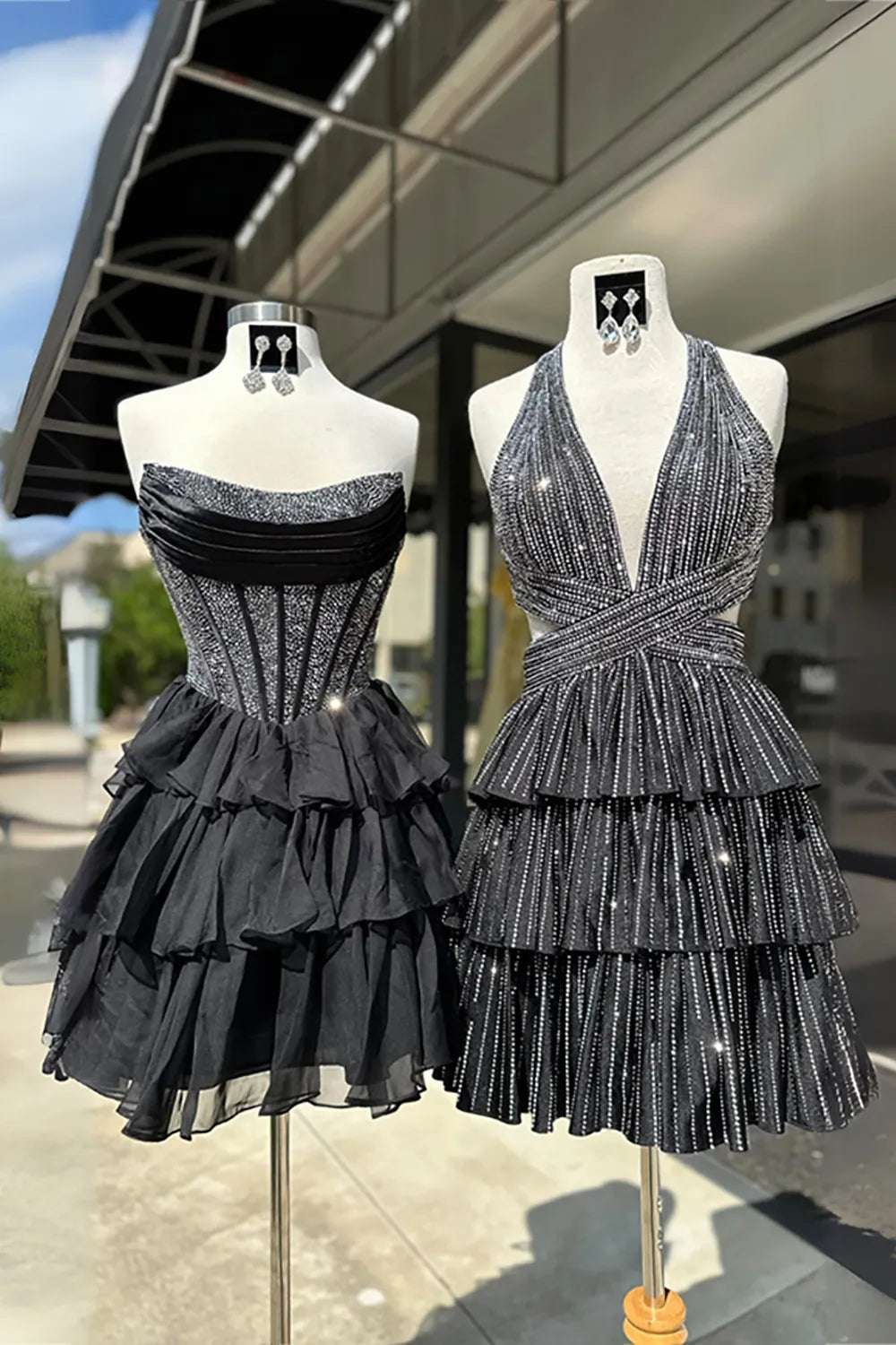 Glamorous A-Line Strapless Sleeveless Sequin Short Tiered Homecoming Dress