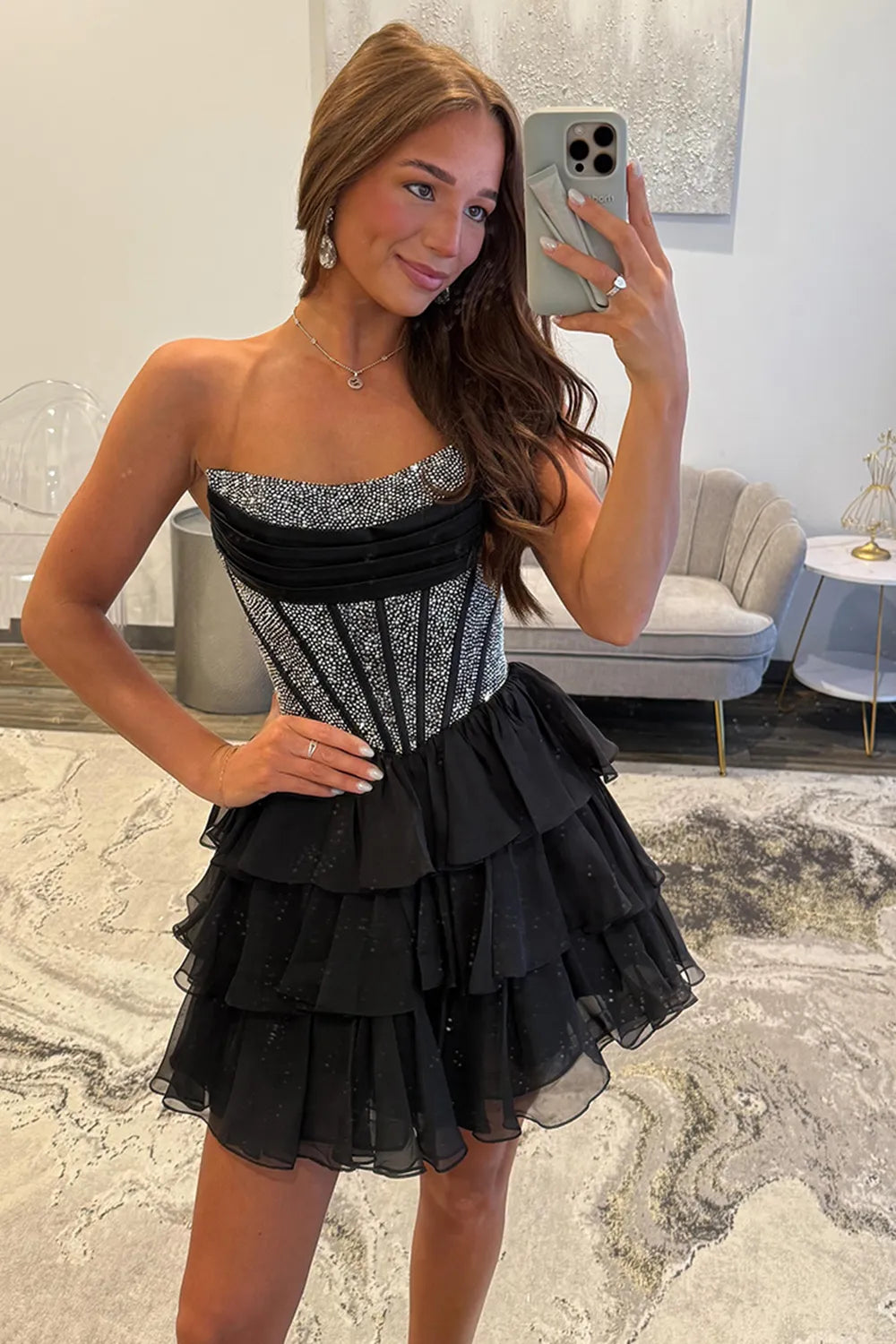 Glamorous A-Line Strapless Sleeveless Sequin Short Tiered Homecoming Dress