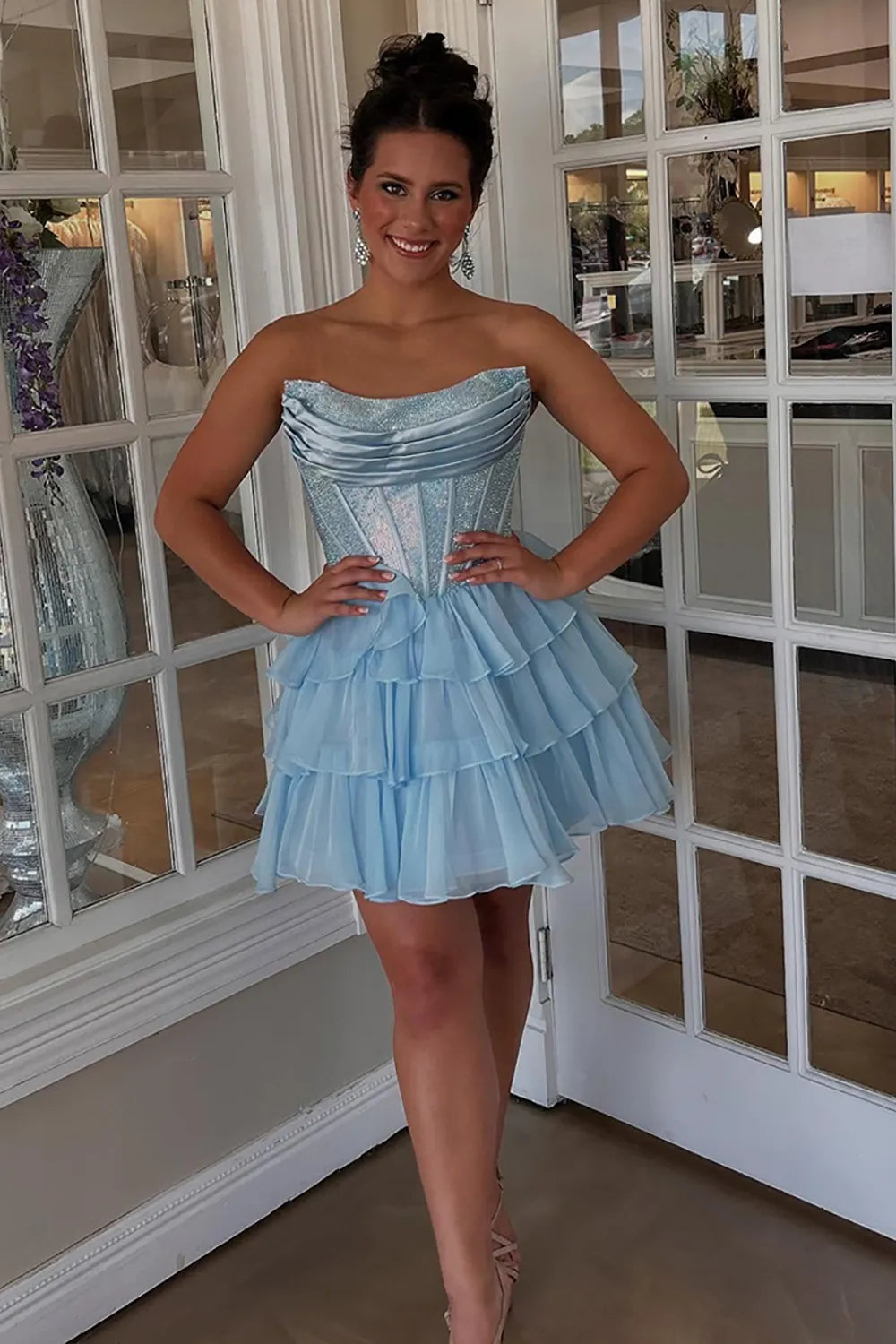 Glamorous A-Line Strapless Sleeveless Sequin Short Tiered Homecoming Dress