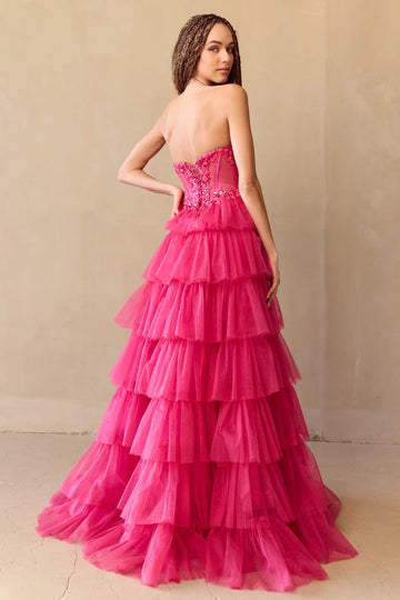 Glamorous A-Line Strapless Tulle Floor-Length Slit Detail Formal Gown Prom Dress