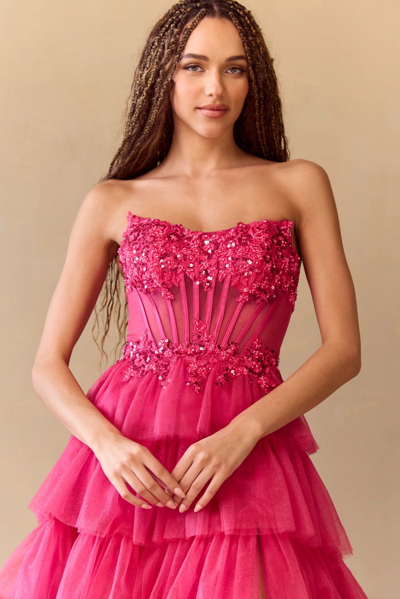 Glamorous A-Line Strapless Tulle Floor-Length Slit Detail Formal Gown Prom Dress